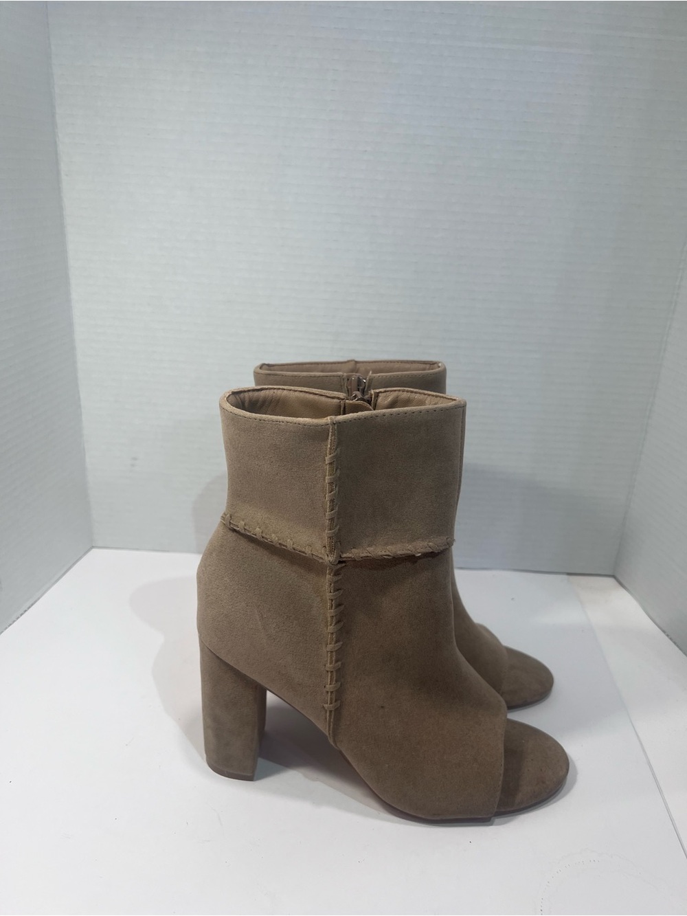 VENUS Taupe Suede Peep-Toe Ankle Booties with Block Heel